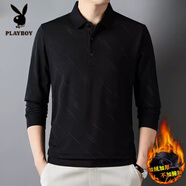 花花公子（PLAYBOY）品牌秋冬季新款男士桑蠶絲休閑長(zhǎng)袖t恤中老年爸爸裝體恤翻領(lǐng)上衣 8826黑色【加絨】 加厚 M 165建議90-120斤