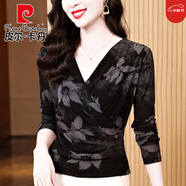 皮爾卡丹（pierre cardin）交叉V領(lǐng)打底衫女時(shí)尚長(cháng)袖秋季新款內搭T恤氣質(zhì)上衣印花舞蹈服洋氣 黑色 春秋薄款 XL 參考110-120斤