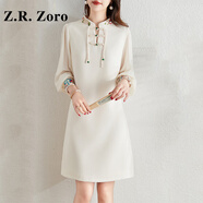 Z.R.Zoro奢侈品連衣裙女2025秋季新款復(fù)古中國風(fēng)刺繡釘珠立領(lǐng)旗袍連衣裙女 杏色 M
