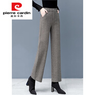 皮爾卡丹（pierre cardin）毛呢闊腿褲女秋冬2025年新款高腰顯瘦人字紋加絨加厚媽媽直筒褲子 咖啡色不加絨【2條裝】 M 【建議95-105斤】