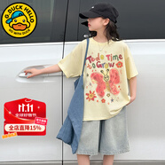 G.DUCKKIDS童裝女童夏裝套裝新款兒童套裝夏季女孩衣服洋氣中大童運動兩件套 米黃T牛仔中褲 160 建議身高150-160年齡12-13