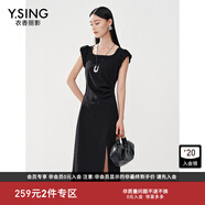 衣香麗影法式方領(lǐng)連衣裙女夏款設計感開(kāi)叉小黑裙子 黑色 XL