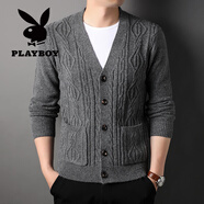 花花公子（PLAYBOY）男士高端品牌中年加厚開(kāi)衫毛衣男V領(lǐng)提花秋冬男裝外套真口袋長(cháng)袖 A071深灰色 M 105建議100-120斤