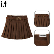 :CHOCOOLATE  it女裝潮牌秋冬連衣裙蕩領(lǐng)假兩件針織衫麂皮絨百褶半身裙套裝女 咖色裙 L