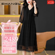 Ehangy輕奢品牌連衣裙女2025夏季新款桑蠶絲黑色刺繡V領(lǐng)寬松大碼裙子 黑色 XL