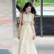 艾偲琳（AIcailin）2025夏季新款法式白色掛頸吊帶洋裝子女海邊度假風(fēng)掐腰氣質(zhì)長(cháng)裙 【杏色】【巨好看小眾/今年流行爆款/盛夏流行風(fēng)格/風(fēng) S 40/45kg/S
