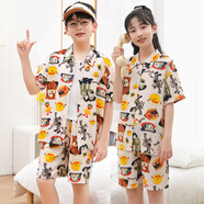 豐奕兒童短袖短褲棉綢睡衣套裝夏季薄款空調服中大童女童男寶寶家居服 翻領(lǐng)卡通貼畫(huà)(男女同款) 170 L_110適應身高(150-160cm)_已預留縮