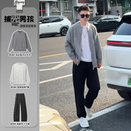 尤芮軻胖男大碼慵懶風(fēng)雙拉鏈開(kāi)衫毛衣男生酷帥穿搭套裝寬松休閑線(xiàn)衣外套 三件套灰色毛衣+白色T恤+黑色褲 XL 135-140斤可穿