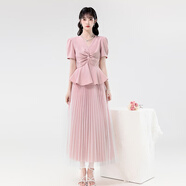 卡伊莎2025夏季新款優(yōu)雅淑女V領(lǐng)設(shè)計(jì)感顯瘦上衣+長(zhǎng)款百褶網(wǎng)紗半身裙 粉色上衣 S