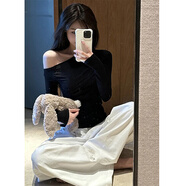 多想余斜肩黑色長(cháng)袖t恤女打底衫可外穿秋季露肩上衣內搭春秋款辣妹修身 黑色斜領(lǐng)露肩長(cháng)袖 M 【建議85-100斤】