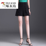 啄木鳥(niǎo)（TUCANO）2025夏季新款休閑短褲女高腰寬松垂感直筒褲顯瘦薄款荷葉邊闊腿褲 黑色 后腰松緊 2XL