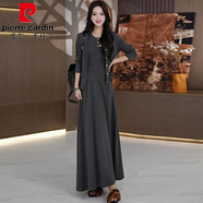 皮爾卡丹（pierre cardin）大碼氣質(zhì)休閑長(cháng)袖連衣裙套裝女春秋顯瘦開(kāi)衫外套半身裙三件套 灰色三件套版歐貨歐洲站潮牌/歐 2XL 【125-140斤】