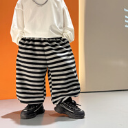 男童條紋休閑褲秋季2025新款兒童洋氣時(shí)髦運動(dòng)百搭長(cháng)褲寶寶寬松褲 灰褐色 黑灰條紋 110 cm