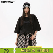 viishow美式字母刺繡短袖T恤男夏季簡約潮牌高街圓領(lǐng)半袖   黑色 L