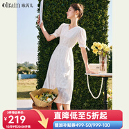Olrain歐芮兒白色刺繡連衣裙女夏季收腰法式V領(lǐng)泡泡袖a字大擺裙 米白色 L 165/88A