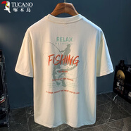 啄木鳥(niǎo)（TUCANO）美式寬松短袖T恤男重磅潮流印花圓領(lǐng)夏季上衣體恤落肩半袖男衣服 A杏色 【無(wú)做舊印花款】 XL 【建議150-160斤】