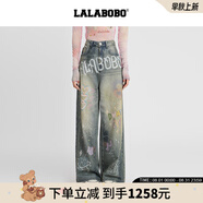 拉拉波波高街涂鴉牛仔褲女寬松直筒褲 中藍(lán)白 24