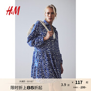H&M女裝花卉連衣裙秋季有領(lǐng)寬松長(cháng)袖微喇印花襯衫式短裙1221726 亮藍色/圖案 160/88