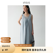 INSISFEMME棉質(zhì)2025夏季款前后兩穿蛋形長(zhǎng)裙無(wú)袖塔克褶連衣裙女 冰島藍(lán) L