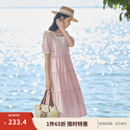 茵曼（INMAN）七七同款連衣裙2025夏女裝新款田園純棉提花方領(lǐng)A字泡泡袖蛋糕裙 皮粉色 M