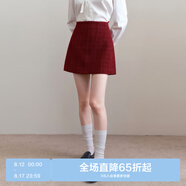 樂町小香風(fēng)A字短裙25年春季新款粗花呢半身裙新年紅氛圍感直筒裙 櫻桃紅（現(xiàn)貨） S