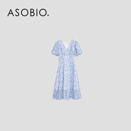 Asobio夏季泡泡袖法式浪漫氣質(zhì)多巴胺垂感連衣裙791 藍(lán)底白色印花 S  建議拍大一碼