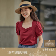 茵曼法式棉質(zhì)女裝方領(lǐng)短袖t恤夏季套頭修身小個(gè)子襯衣上衣 大紅色新 S