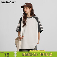 viishow美式復古短袖t恤男夏季寬松oversize潮牌條紋拼接休閑上衣   灰杏拼色 XXL
