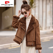 皮爾卡丹（pierre cardin）皮毛一體毛毛領(lǐng)外套女2025冬新款小個(gè)子加厚保暖加絨機車(chē)服棉服女 咖色 L 建議115-125斤