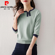 皮爾卡丹（pierre cardin）七分袖針織衫女小眾設計感薄款上衣撞色顯瘦2025年春秋款女裝新款 TT141#薄荷綠 M 建議100-115斤