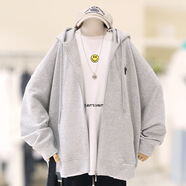 semir森馬大碼女裝連帽小熊刺繡衛(wèi)衣女春秋新胖妹妹短外套上衣 淺灰色 M