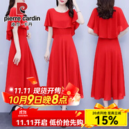 皮爾卡丹（pierre cardin）感披肩領(lǐng)氣質(zhì)雪紡連衣裙女夏季新款收腰顯瘦大擺長(zhǎng)款長(zhǎng)裙女潮 2024紅色 版2025 L 建議105-115斤