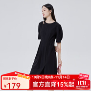 艾萊依商場(chǎng)同款鏤空針織連衣裙夏季氣質(zhì)開(kāi)叉長(zhǎng)裙泡泡短袖連衣裙 炭黑 M 160/84A