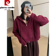 皮爾卡丹（pierre cardin）氣質(zhì)休閑連帽加厚短款開衫2025秋冬新款韓版淑女風顯瘦上衣針織衫 暗紅色 均碼