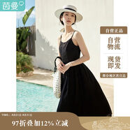 茵曼（INMAN）夏季提花肌理女裝純色吊帶連衣裙顯瘦百搭風(fēng)中長(cháng)裙子 黑色 XL