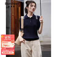 伯西亞品牌定制短袖t恤女2025春夏新款翻領(lǐng)半袖減齡顯瘦針織打底線衫 藏青 L