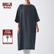 無印良品 MUJI 女式 法國亞麻水洗 七分袖連衣裙 412688 BCL06C1S 深灰色 S
