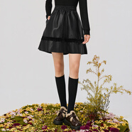 B.Duck小黃鴨短裙女2025秋冬新款木耳邊拼接松緊高腰蓬蓬半身裙 黑色 XL