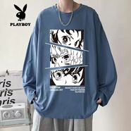 花花公子（PLAYBOY）寬松長袖t恤男生春秋冬季印花體恤日系動漫內(nèi)搭打底衫上衣服潮流 寶藍(lán) D89漫畫眼 S (160cm/100斤)