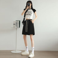 以純（YISHion）黑色西裝短褲女夏季薄款寬松高腰a字顯瘦闊腿休閑小個(gè)子五分中褲 【松緊腰】黑色-三一斜X076 S 適合80-90斤