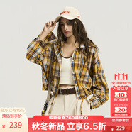 KAMA卡瑪彩色格仔連帽短款襯衫2025新款秋季女裝時(shí)尚減齡抽繩上衣 黃色 S