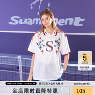 SuaMoment三道杠花卉繡花短袖T恤男女夏季休閑寬松百搭運(yùn)動(dòng)體恤 米白 S