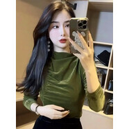 翱笛法式氣質(zhì)半高領(lǐng)長袖絲絨T恤女秋百搭褶皺修身顯瘦打底衫內(nèi)搭上衣 果綠色 S[建議80-100斤] 均碼