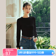 Olrain歐芮兒純色坑條長(cháng)袖T恤女秋冬新款修身顯瘦上衣內搭打底衫 黑色 S
