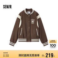 森馬（Semir）外套女刺繡拼接撞色寬松夾克2024冬季仿毛呢棒球服109724108004