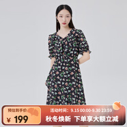 艾萊依（ERAL）商場同款連衣裙女泡泡袖花影連衣裙V領(lǐng)設(shè)計感碎花裙子小清新長裙 黑底色花 S 155/80A