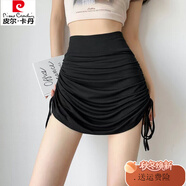 皮爾卡丹抽繩褶皺包臀裙短裙莫代爾半身裙女春季薄款高感可調節高腰顯腿 黑色 3XL