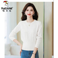 啄木鳥(niǎo)短款圓領(lǐng)羊毛針織衫毛衣女2026年秋冬新款收腰修身長(cháng)袖打底上衣 白色 XL