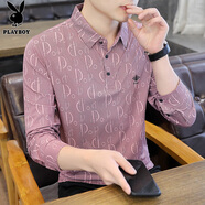 花花公子（PLAYBOY）長袖t恤男春秋季2025新款潮流時尚上衣男休閑百搭圓領(lǐng)打底衫男裝 粉色 XL
