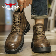公牛世家（G.N.Shi Jia）男鞋馬丁靴秋冬款厚底增高大頭工裝靴子高幫黑色短筒皮靴 古銅色 39